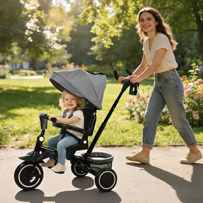 TODECARE Kids Tricycle, 7-in-1 Folding Trike with Adjustable Push Handle, Canopy & 1-Step Brake, Gray