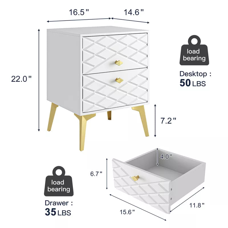 Resenkos 2-Drawer Wood Rectangle Nightstand Set of 2 Side Table Living Room Small End Accent Table, 22" Tall, White