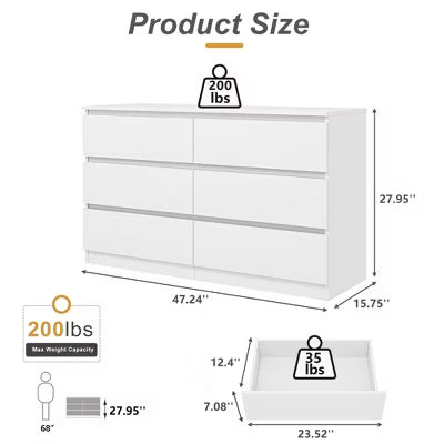 Resenkos 6 Drawer Wide Chest of Drawers, Storage Drawer Organizer, Traditional Bedroom Dresser, Sideboard Buffet for Living Room, White