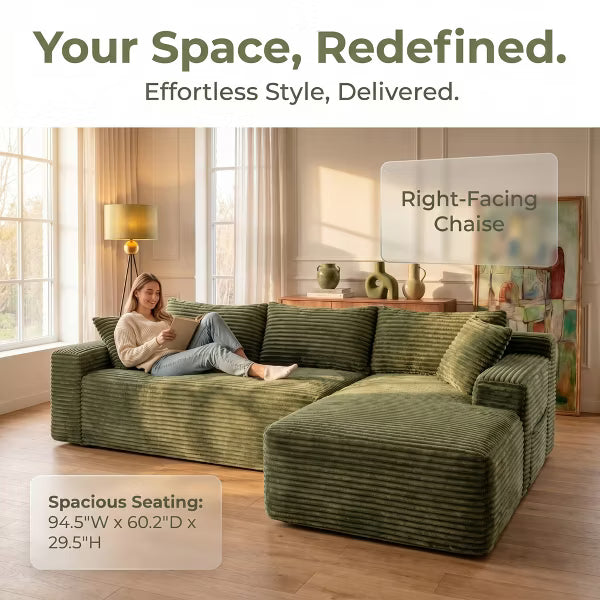 94.5" Cloud Modular Sectional Sofa with Right Facing Chaise, 4-Seater Jumbo Corduroy Couch for Living Room, Olive Green
