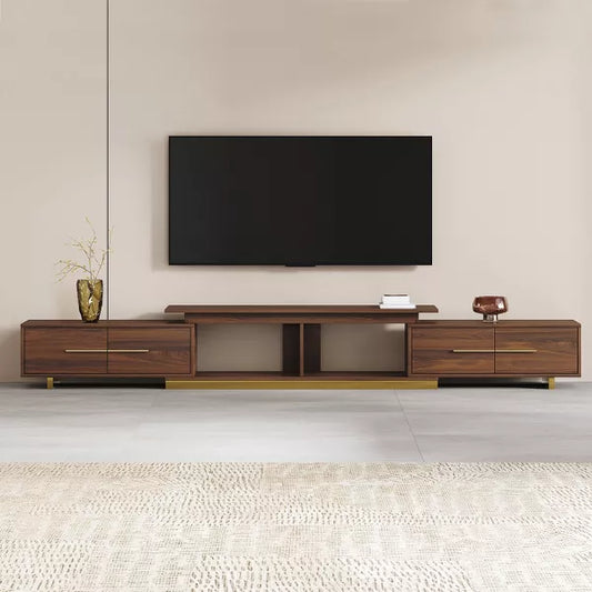 LOVSON 63.4'‘ to 94.5’' Expandable Stainless Steel Pedestal Entertainment Center, with 4 Drawers & 2 Open Shelf ,for Living Room Media Console