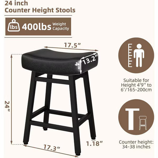 DYHOME 24 Inches Bar Stools, Saddle Kitchen Stools with PU Leather Cushion Counter Height Barstools, Set of 3