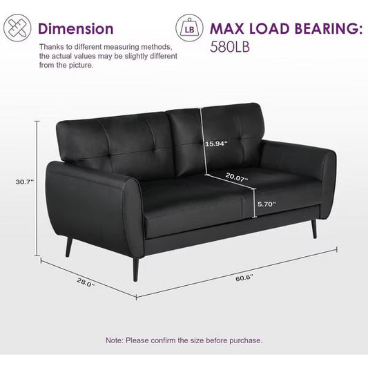 TYBOATLE 61" Faux Leather Loveseat Sofa, Mid-Century Modern Tufted Couch for Small Spaces, Comfy 2-Seater for Living Room, Bedroom, Office