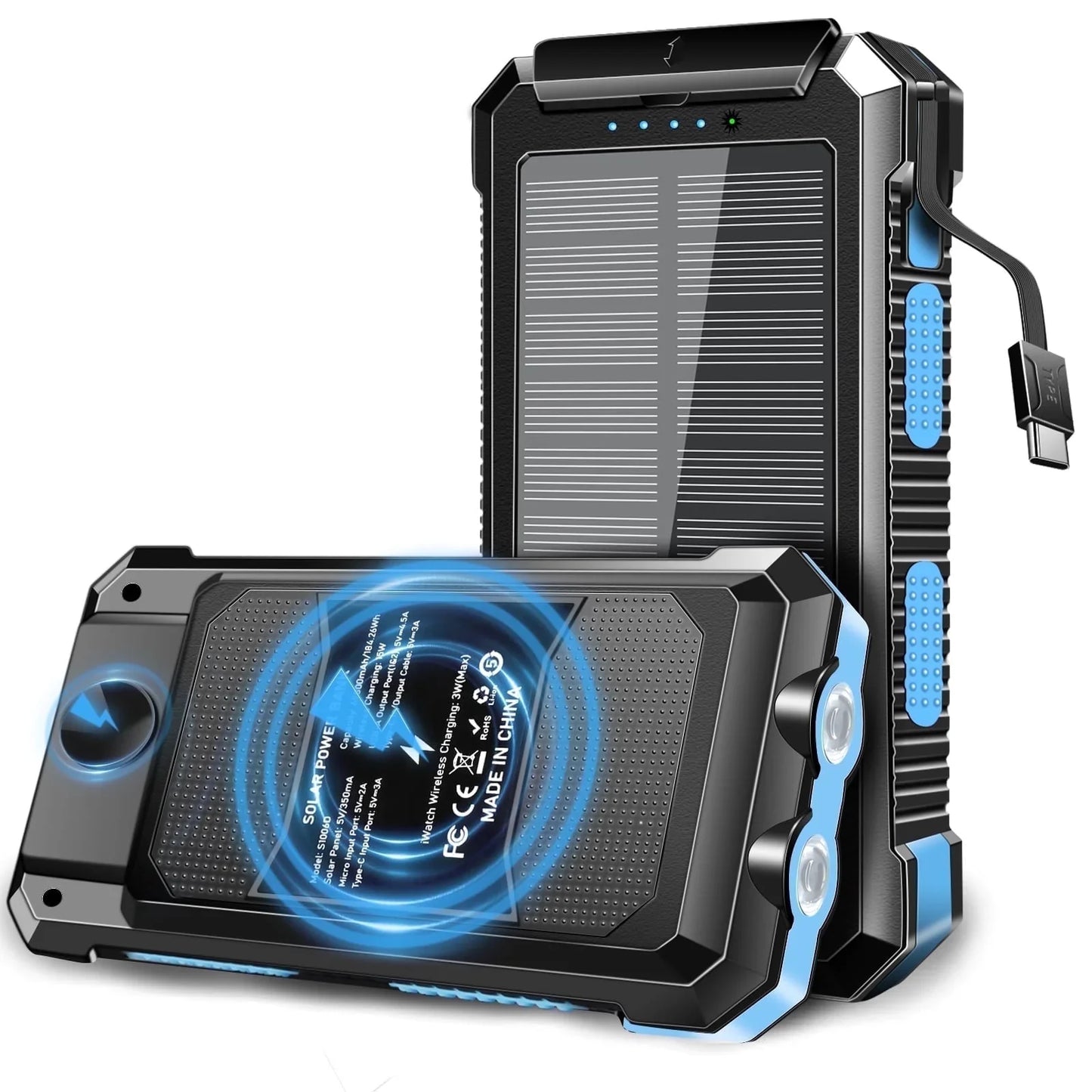 Yelomin 49800mAh Solar Power Bank Portable Charger with Wireless Charger for Apple Watch,iPhone,Fast Charging Travel Battery Pack with Camping Flashlight,Compatible with All Mobile Phones(Blue)