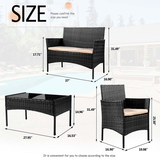 Carpet 4PCS Patio Rattan Wicker Furniture Conversation Set with Loveseat Sofa and Table for Garden Yard,Black