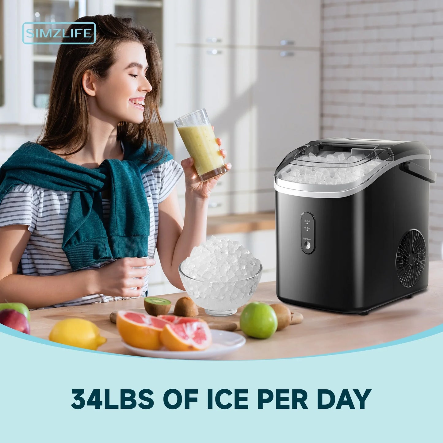 Simzlife Nugget Ice Maker Countertop, Portable Ice Maker Machine with Handle, Self-Cleaning, Ready in 6 Mins, 34lbs/24H, Soft Chewable Ice, Black