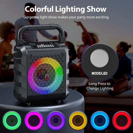 FanFun Portable Speaker, 20W Powerful Stereo Sound Party Speaker with DJ Lights, Bluetooth Speaker with 2 Microphones, Hands, Shoulder Straps, 12 H Playtime