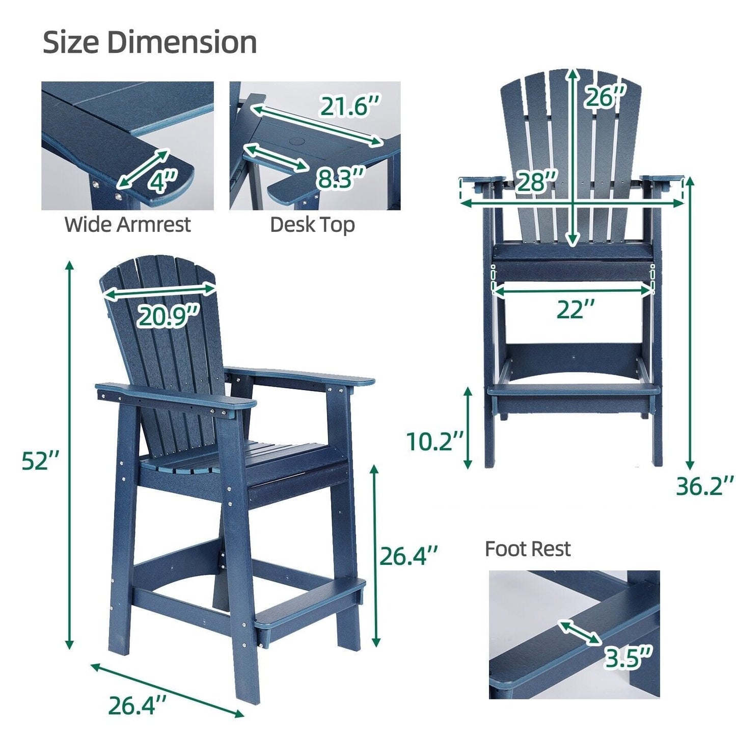 Farini Tall Adirondack Chairs Set of 2 with Connecting Table, Blue