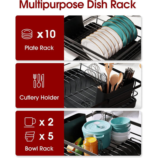 Dish Drying Rack - Stainless Steel Dish Rack with Drainboard for Kitchen Counter and Sink, Large, Black