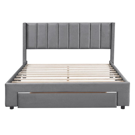 SYNGAR Queen Size Bed Frame, Modern Upholstered Velvet Platform Bed Frame with Headboard and Drawer, Strong Support Legs and Wood Slats, No Box Spring Needed, Easy Assembly, Gray
