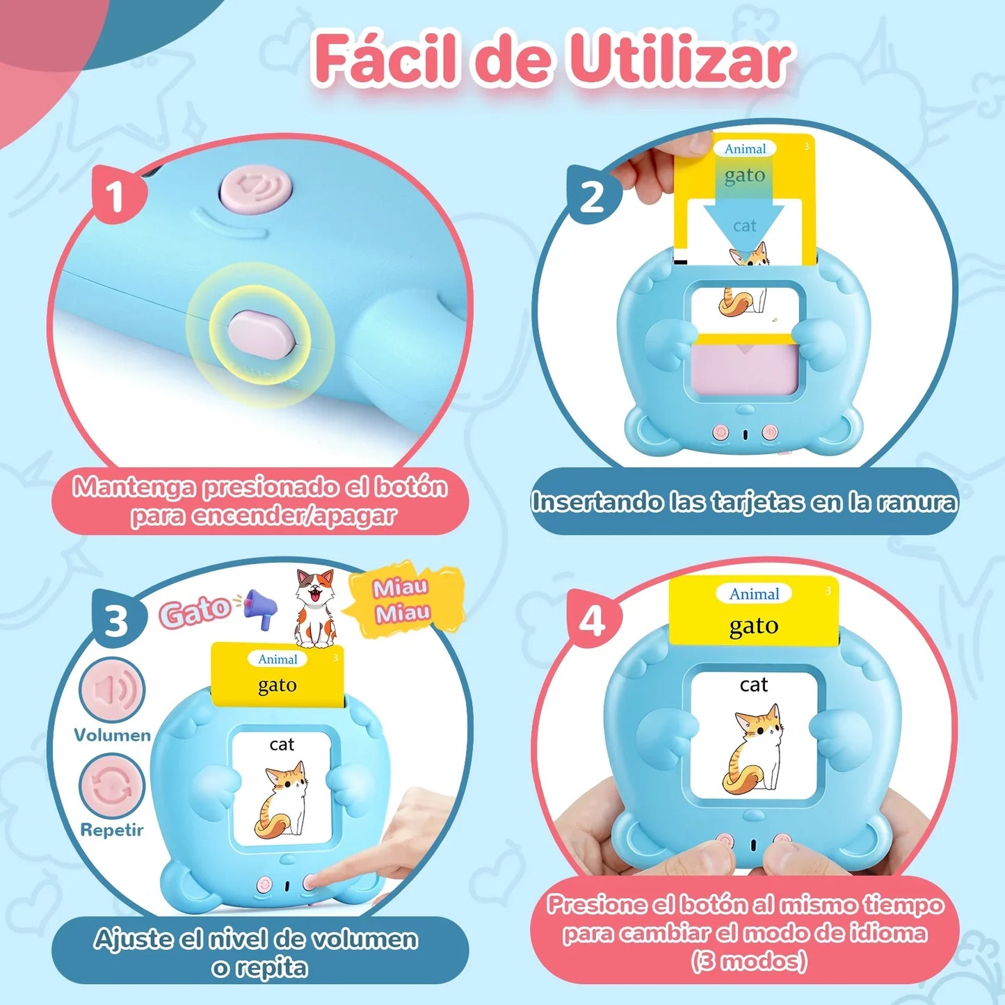 Spanish & English Talking Flash Cards for Toddlers 1 2 3 4 5 6 Toys for Kid-112 Cards 224 Words Blue