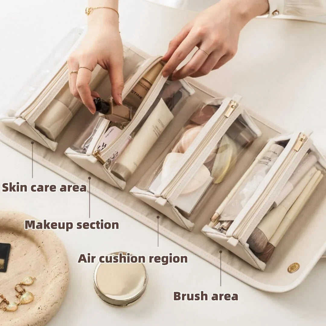 Portable 4-in-1 Foldable Cosmetic Bag - Large Capacity, Waterproof Travel Makeup Organizer with Detachable Design (Brown)