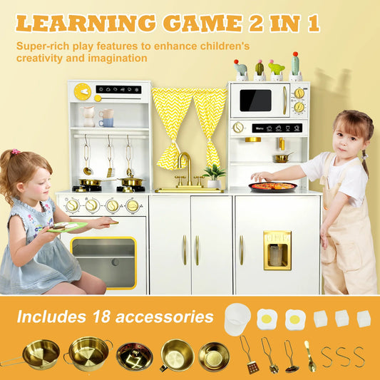 iYofe Play Kitchen, Kids Kitchen Playset with Rich Play Features and Large Operation Area, Wooden Pretend Play Toy Kitchen Set for Toddlers w/Real Sounds, Curtain, 18 Accessories, Gift for 3-6, White
