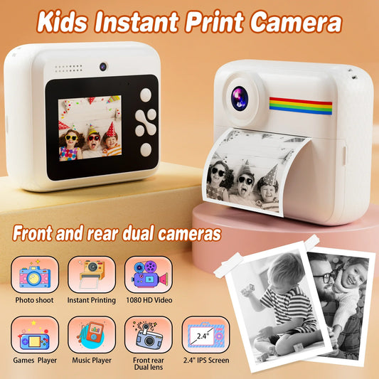 Pink Touch Kids Camera Instant Print, Dual Lens Children Selfie Camera, Christmas Birthday Gift Toy for Boys and Girls, Portable Travel Camera Toy, HD 1080P Kids Camera with SD Card - White