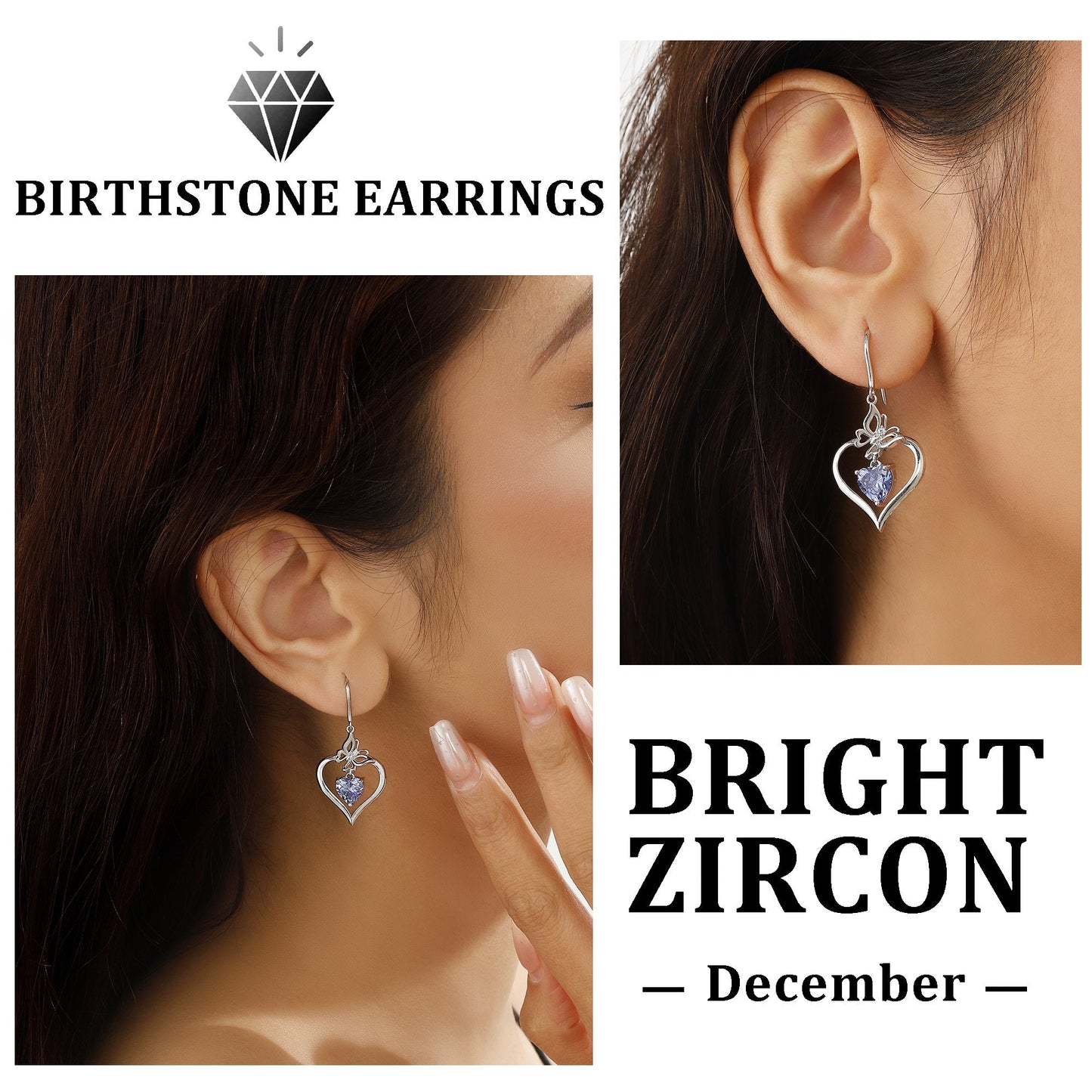 Beautlace 18K White Gold over Stering Silver Butterfly Dangle Drop Earrings,December Birthstone Heart Hook Earrings Jewelry Birthday Christmas Valentines Mothers Day Gifts for Women Mom