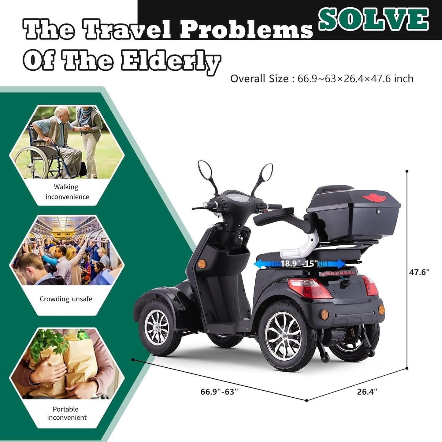 4 Wheel Electric Powered Mobility Scooter Wheelchair for Adults Seniors Pre Assembled in USA, 500lbs Capacity, 25 31 Miles Range, 3 Speed Up to 15 MPH, 800W Motor Power (Black)
