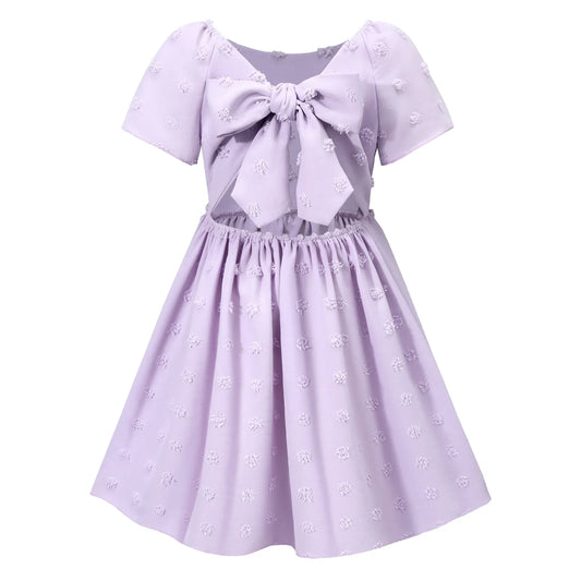 HILEELANG Little Girl Easter Dress Short Sleeve Summer Lavender Casual Tie Back Princess Elegant Party Dress 4-5T
