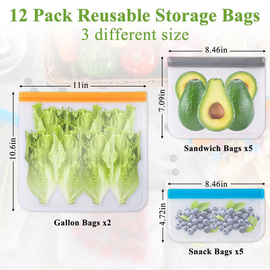 12 Pack Reusable Freezer Bags, Reusable Gallon Food Storage Bags Leakproof Bags Silicone for home