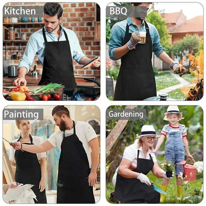 Aovky 2 Pack Chef Apron, Adjustable Bib Apron for Cooking with 2 Pockets Water and Oil Resistant Kitchen Apron for Women Men Crafting BBQ Drawing, Black