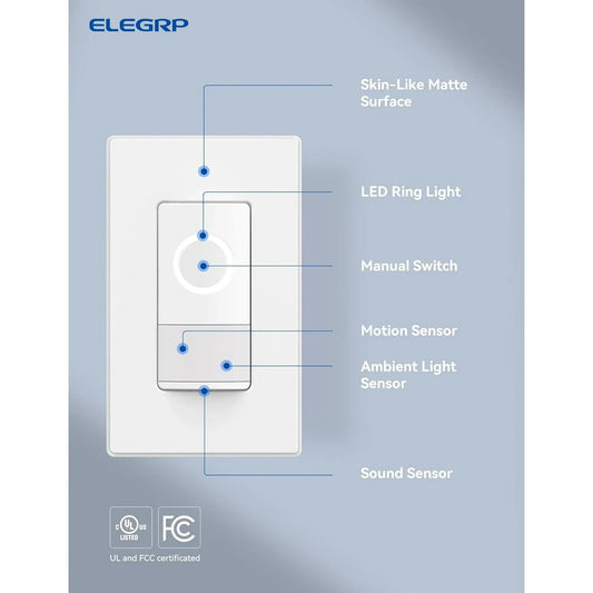 ELEGRP Smart Sensor Light Switch Single Pole, 2.4GHz Wi-Fi Dimmer Switch Compatible with Alexa & Google Assistant, APP Control, Neutral Wire Required, UL Listed, No Hub Required, White 1PC