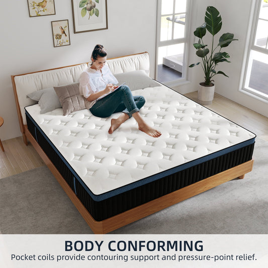 Kviwasha Queen Mattress 14 inch Memory Foam and Spring Hybrid Mattress in a Box Pressure Relief, Breathable