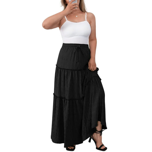 a.Jesdani Women Plus size Long Maxi Skirts Elastic High Waist A Line Ruffle Swing Beach Maxi Skirt L 4x