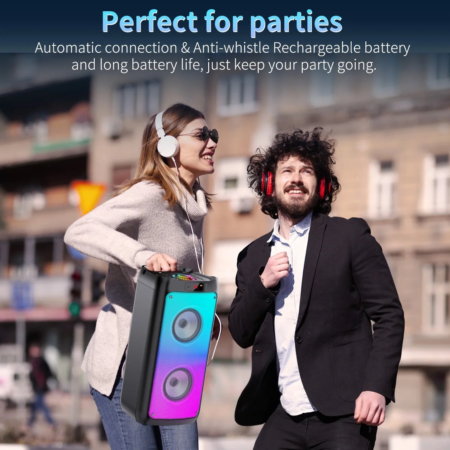 FanFun Party Speaker, Portable Bluetooth Speaker with 2 Microphone & DJ Light, Wireless Speaker for Outdoor