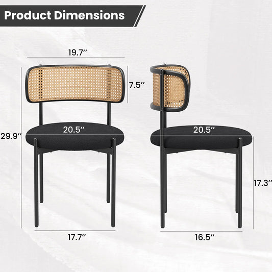 Farini Upholstered Dining Chair Set of 4, Rattan Backrest Kitchen Chair, Black