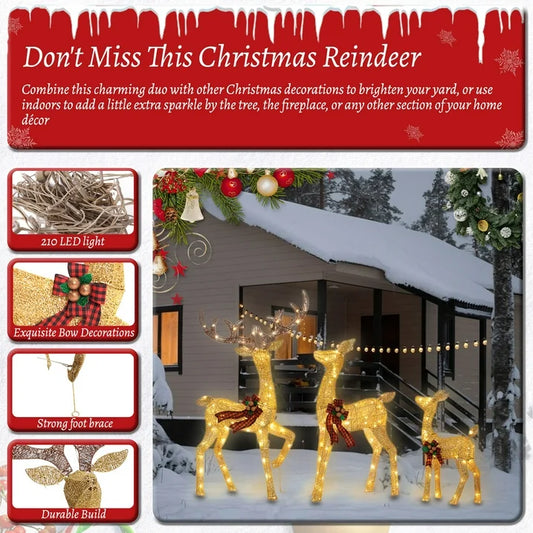 FOOWIN 3 Piece Large Christmas Deer Family, Lighted Outdoor Decoration, Gold