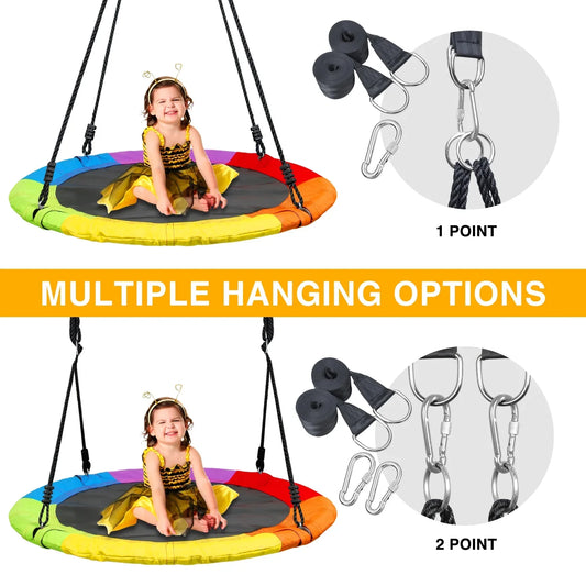 KloKick Saucer Tree Swing 700lb 40in for Kids Adults Waterproof Sets with 2pcs Tree Hanging Straps, Heavy Duty Steel Frame Adjustable Ropes, Rainbow