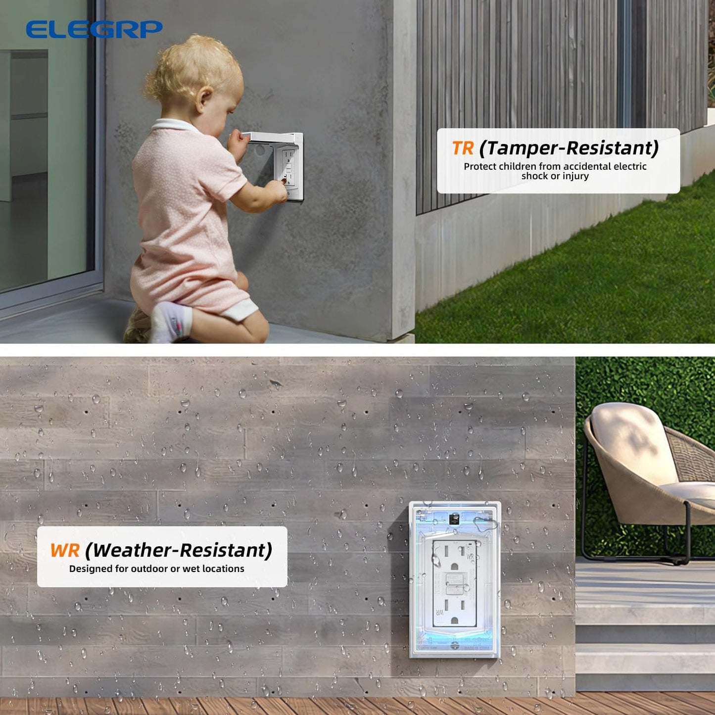 ELEGRP Outdoor GFCI Outlet with Cover, Weather Resistant GFCI Receptacle and Wall Plate, 15 Amp Self-Test GFI Outlet, Thinner Design Ground Fault Receptacle, UL Listed, Matte White, 1 Pack