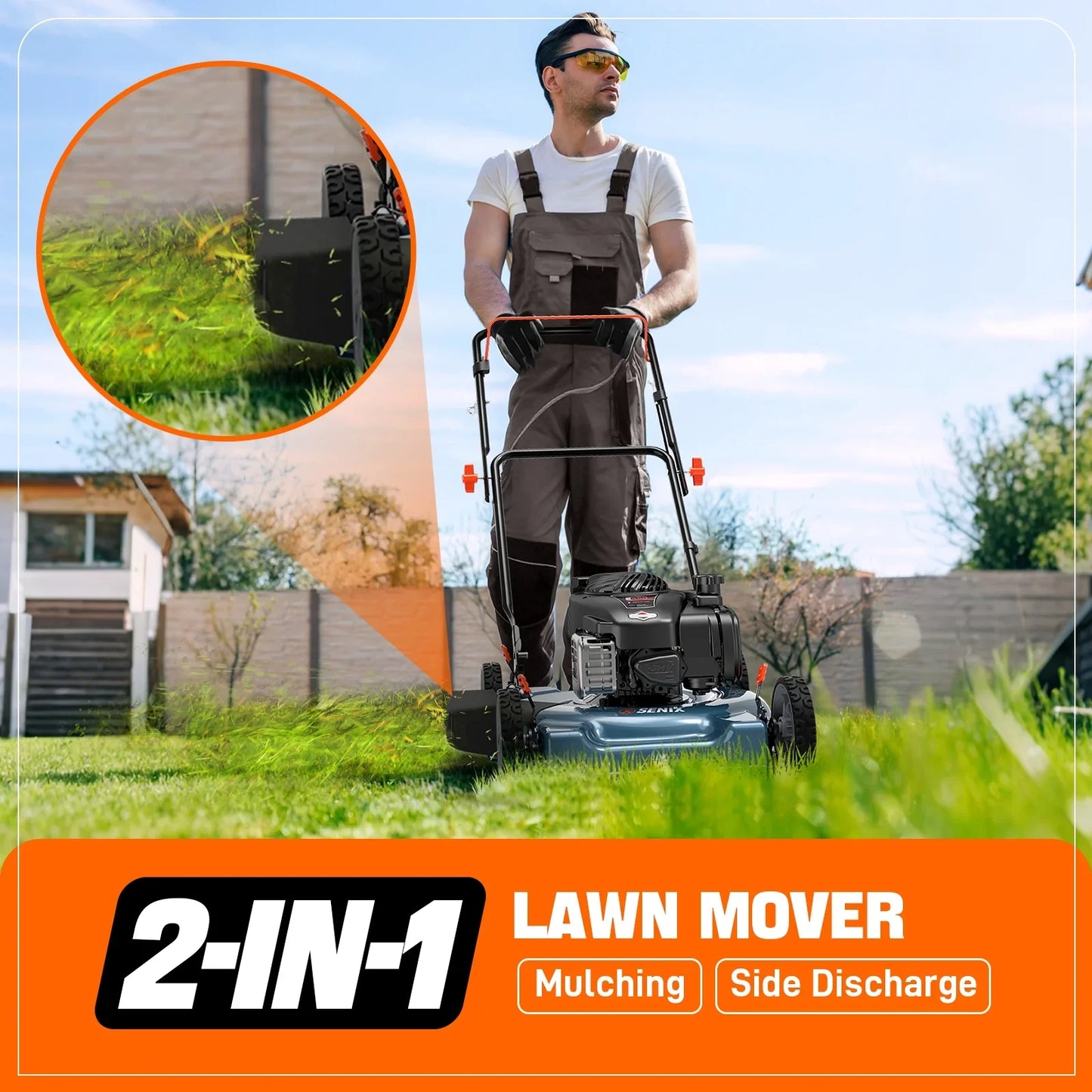 SENIX 20-Inch Gas Lawn Mower, 125 cc 4-Cycle Briggs & Stratton Engine, Push Lawnmower with Side Discharge, 5-Position Height Adjustment, LSPG-L3