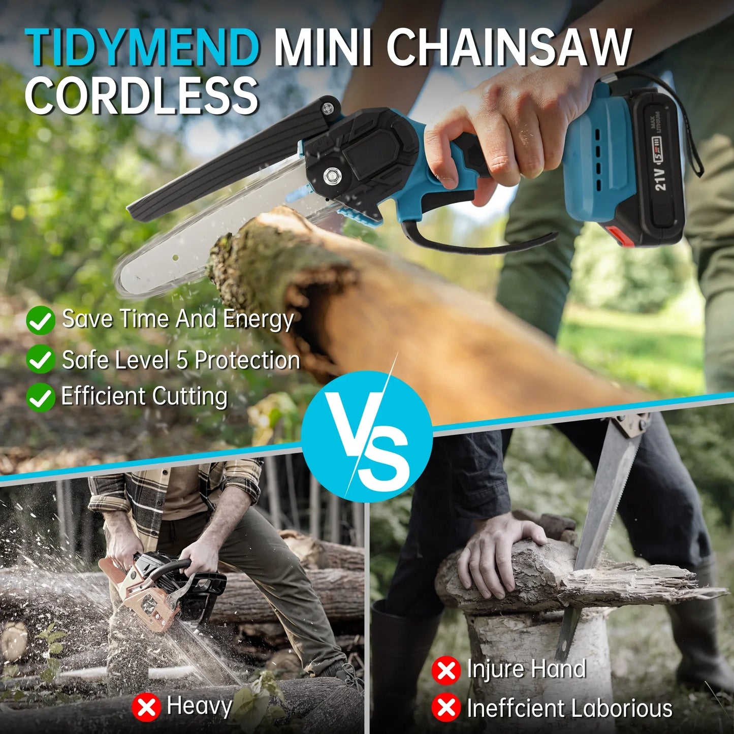 Tidymend Mini Chainsaw 8 inch 6 inch Cordless Chainsaw with Battery and Charger, Lightweight Electric Chain Saw for Trees Branches Trimming Wood Cutting