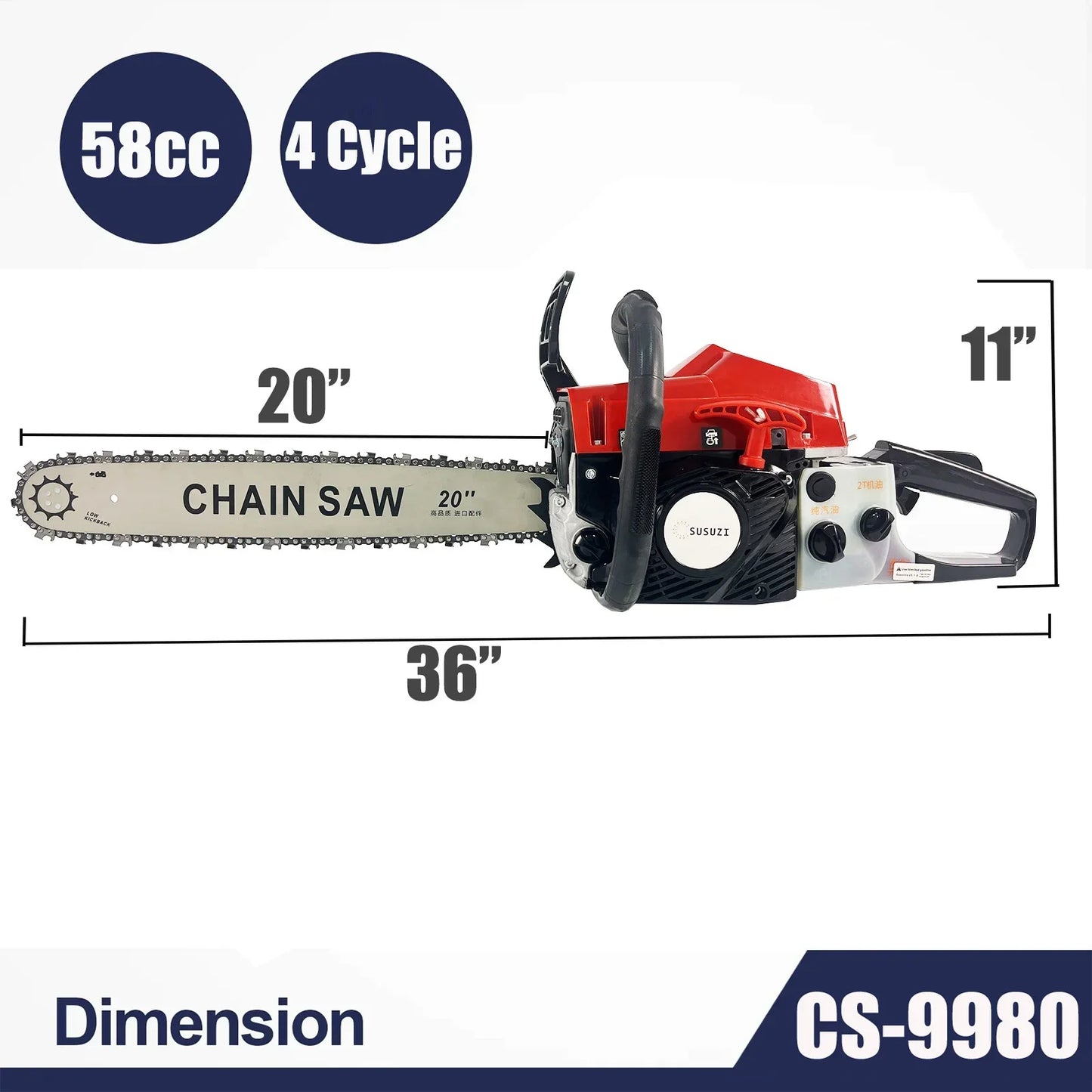 SUSUZI Gas Chainsaw 20'' 4-Stroke 58CC Cordless Chainsaw for Farm, Garden and Ranch for Cutting Wood
