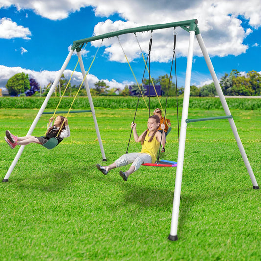 KloKick 9.5 Heavy Duty Swing Set for Kids Adults Includes Saucer Swing 2 Belt Swings, Outdoor Playground Equipment for Backyard Fun