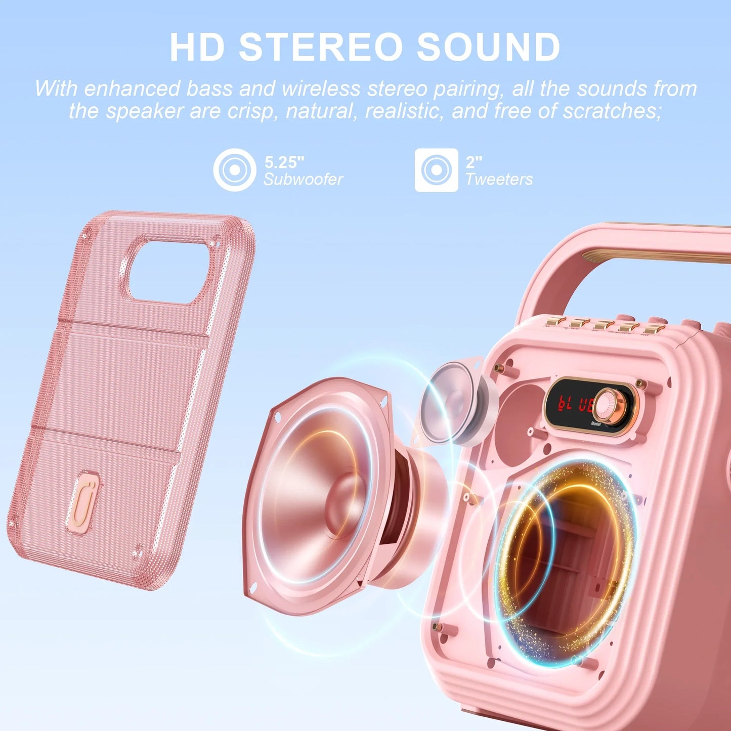 FanFun Portable Speaker, Loud Stereo Sound Pink Bluetooth Speaker with Treble/Bass Adjustment, 8 Sound Effects Party Speaker with PA System for Party/Livestream
