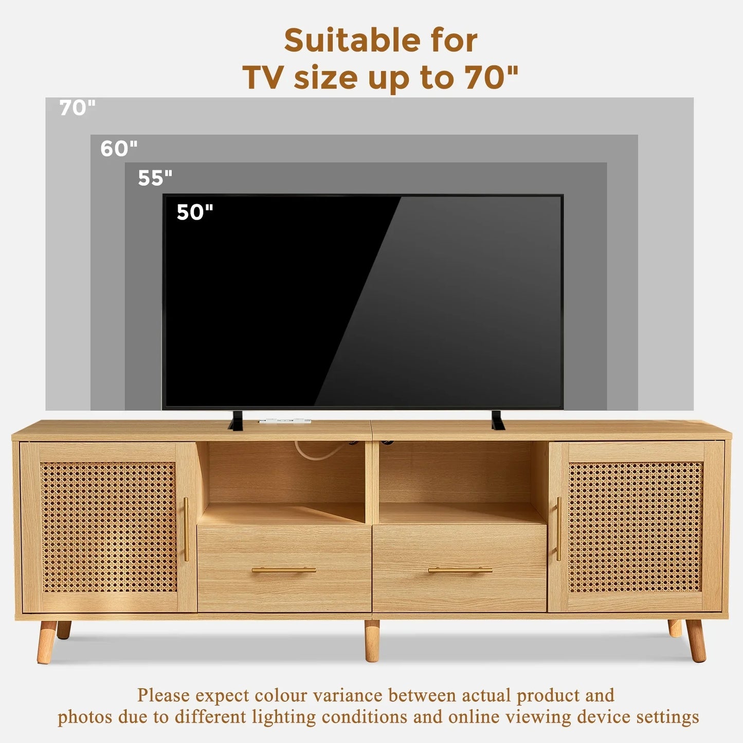 JanflyHome TV Stand for 75in TV, Rattan Boho Entertainment Center with Adjustable LED Light, Power Outlet, Wood