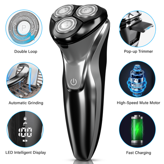 Cordless Electric Razor for Men - Precision Shavers for Man for Beard/Nose/Sideburns, Wet & Dry Razors with Pop-Up Trimmer, USB Plug-and-Play, LED Display,IPX7 Waterproof, Black