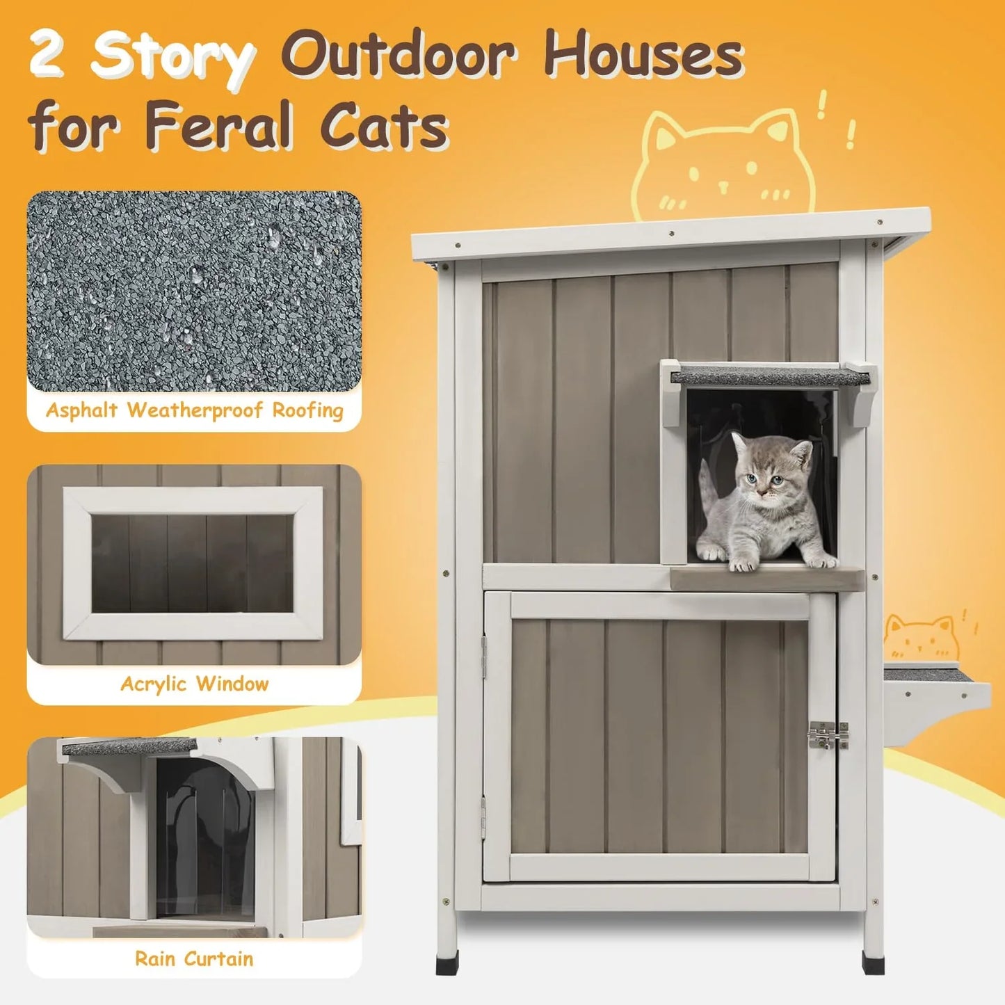 PETSCOSSET Outdoor Cat House, Two-Story Feral Cat Shelter with Asphalt Roof