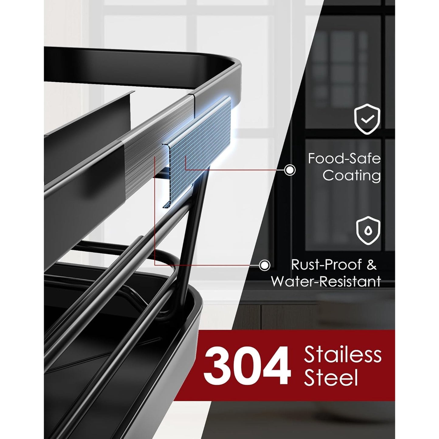 Dish Drying Rack - Stainless Steel Dish Rack with Drainboard for Kitchen Counter and Sink, Large, Black