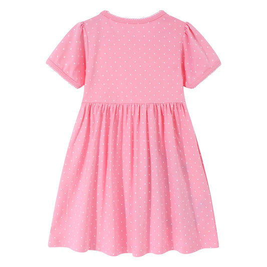 HILEELANG Baby Girls Short Sleeve Easter Dress Cotton Casual Pink Dot Bunny Applique Jersey Shirt Playwear Dresses 2T