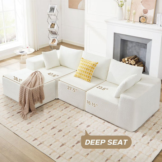 HSUNNS Compression Sofa, 103" Modular Sectional Sofa with Chaise for Living Room, Office and Game Room, No Assembly Convertible Couch with 3 Cushions and 2 Pillows, White