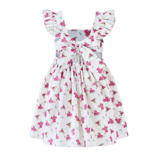 HILEELANG Toddler Flower Girl Spring Easter Pink Rose Floral Ruffled Sleeves White Backless Tie Back Knot Summer Beach Sundress 2T