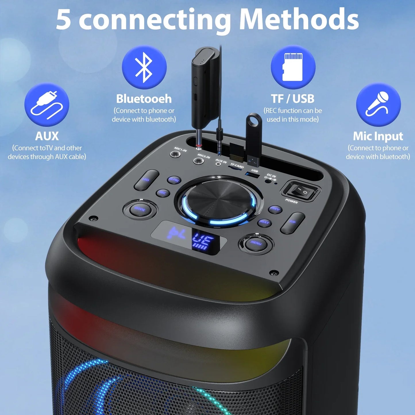 FanFun Large Bluetooth Speaker with DJ Lights, 2 Wireless Microphones, Big Party Speaker with Karaoke Speaker PA System for Outdoor