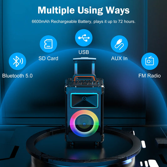 FanFun Large Party Speaker, 25.20" Big Bluetooth Speaker with Rolling Wheels & Trolley, 800W Peak Power, Portable Wireless Outdoor Speaker PA System with DJ Lights & Mics, Powerful Bass