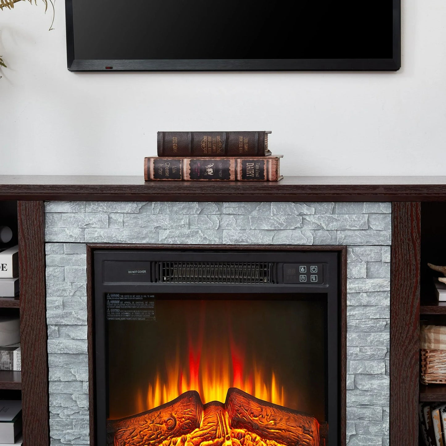 IMKHK Electric Fireplace TV Stand for 65" TVs, Farmhouse Entertainment Center with Faux Stacked Stone Surrounded for Living Room, Wood TV Console with Open Shelves, Remote Control Fireplace, Cherry