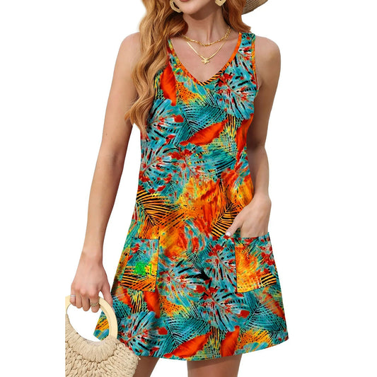 Fantaslook Summer Dresses for Women Casual V Neck Sleeveless Sundresses Floral Beach Short Dress with Pockets