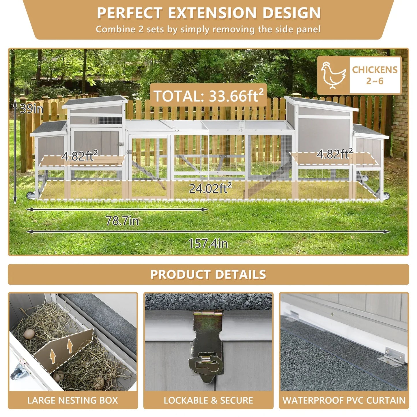 PETSCOSSET Chicken Coop with Run, Wooden Chicken House with Wheels Backyard Hen House Poultry Cage for 1-3 Chickens