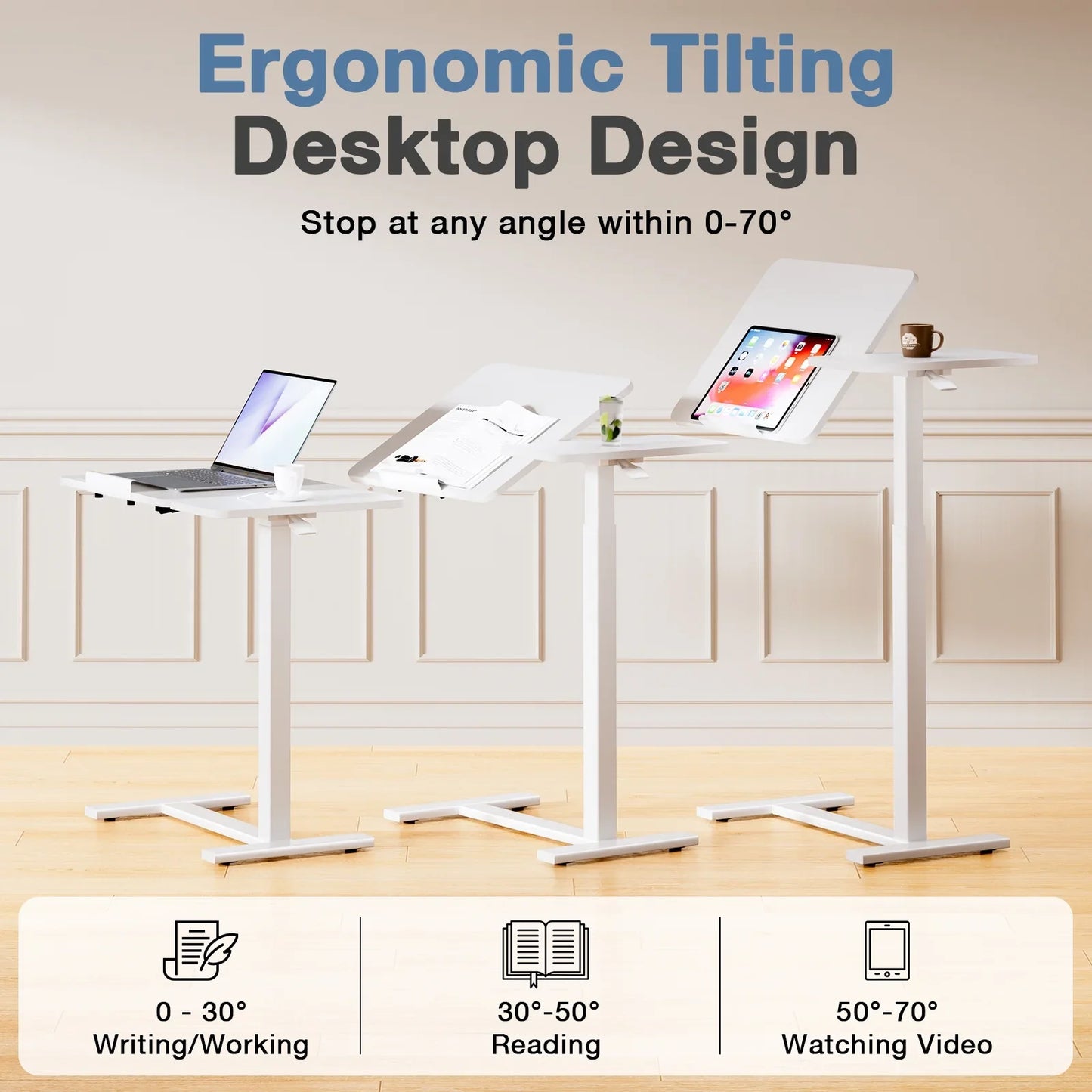 EDX Overbed Bedside Desk, Rolling Laptop Stand Tray Overbed Table with Wheels and Height Adjustable for Laptop Bed Sofa,White