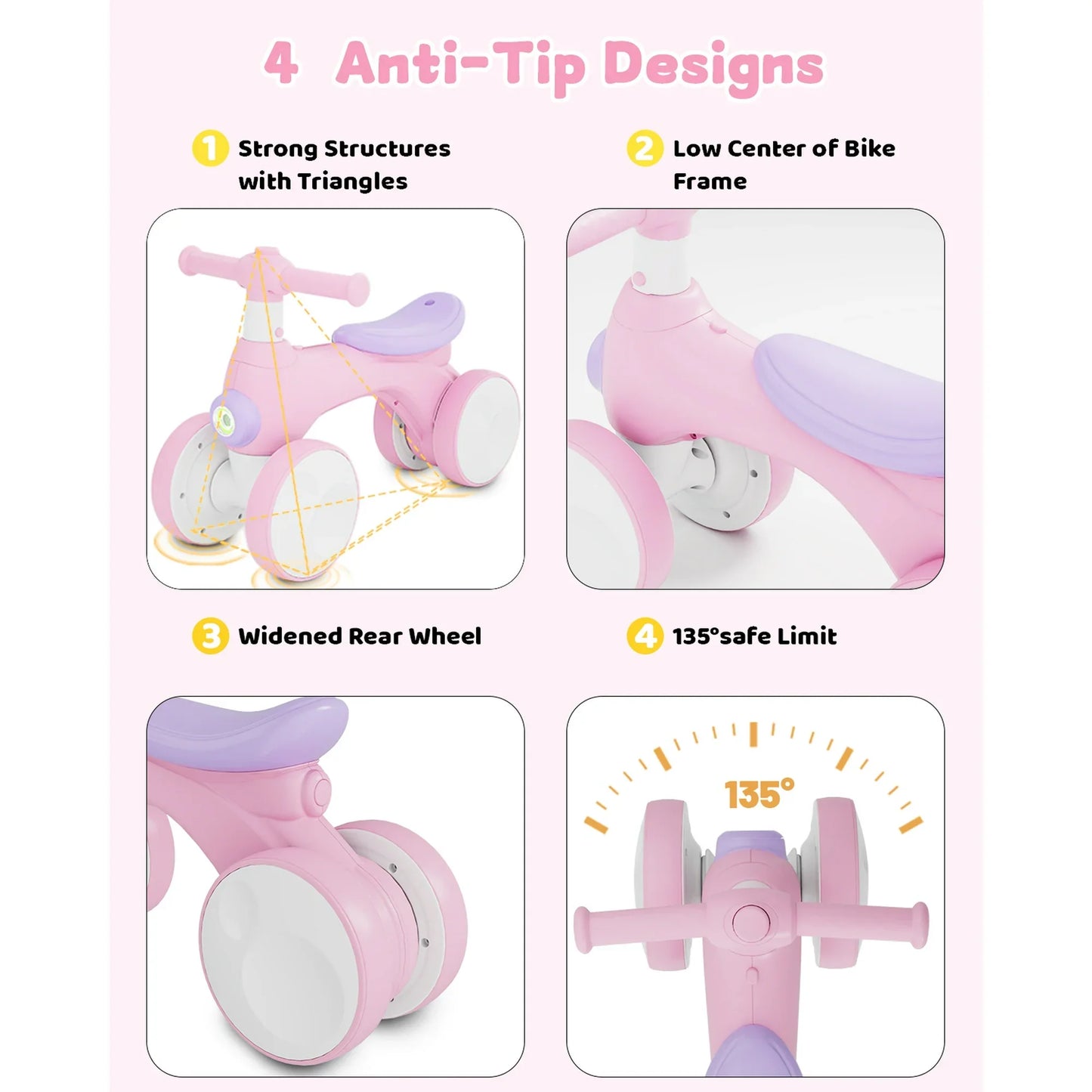 Baby Balance Bike for 1-2 Year Old Boys Girls, 4 Wheels Balance Bike with Lights & Sounds, Best Birthday Gift for Toddler, Toys for Baby Walker(Pink)